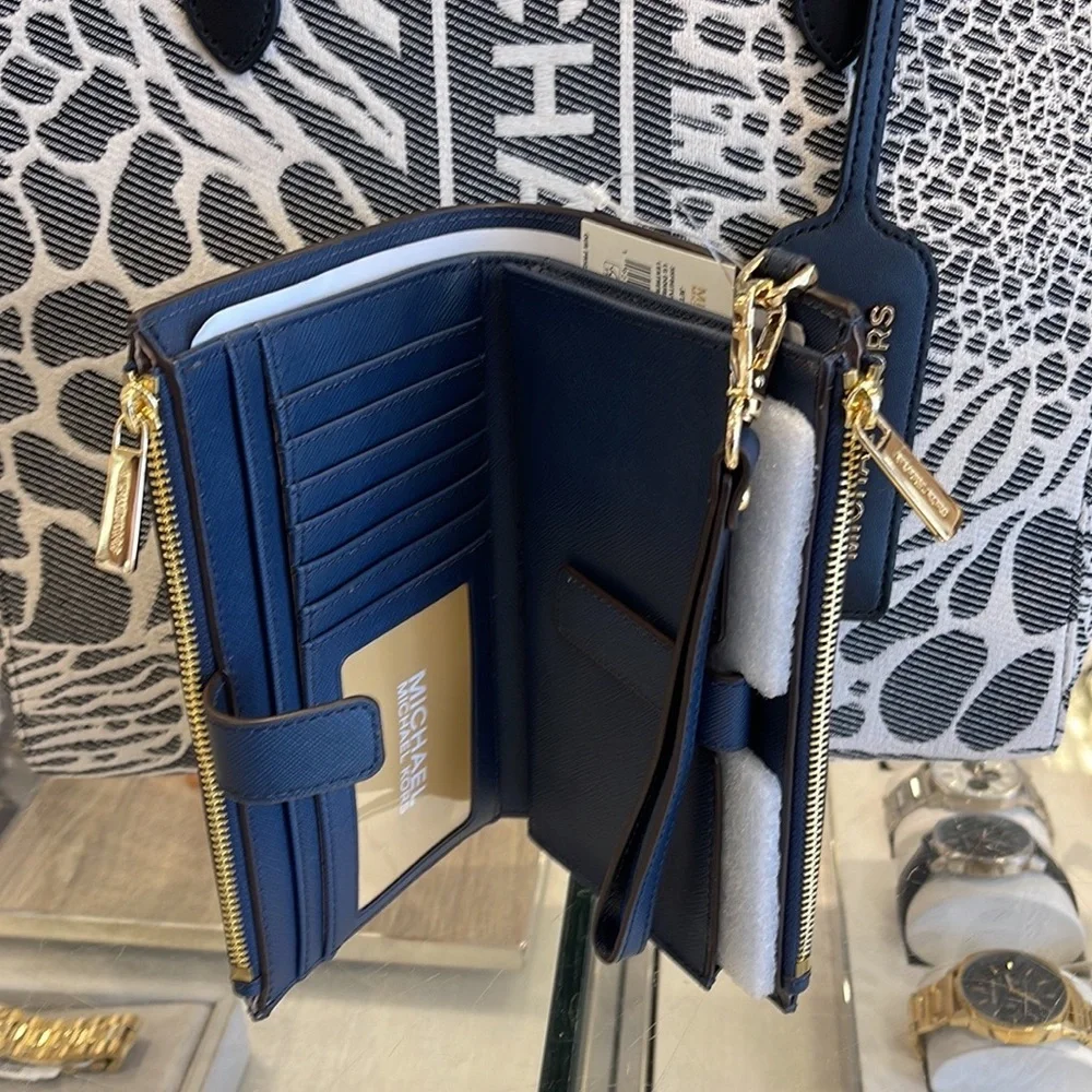 MICHAEL KORS LARGE DOUBLE ZIP WRISTLET WALLET PHONE CASE Navy NWT